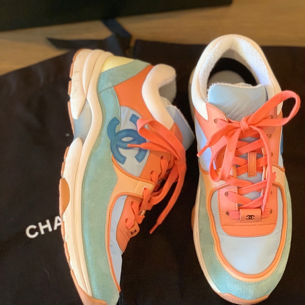 CHANEL Women’s Coral/Blue Suede Sneaker size 39